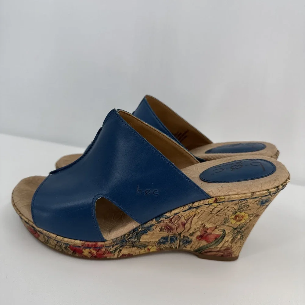 Born Casaba C34104 Blue Leather Floral Slip Womens Cork Wedge - Size 8M - Picture 5 of 11